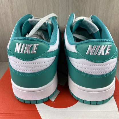 Nike Dunk Low trainers white with clear jade accents and signature swoosh logo.