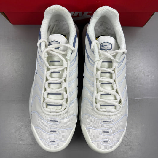 Nike white athletic shoes with Air Max Plus TN design and visible logo details.