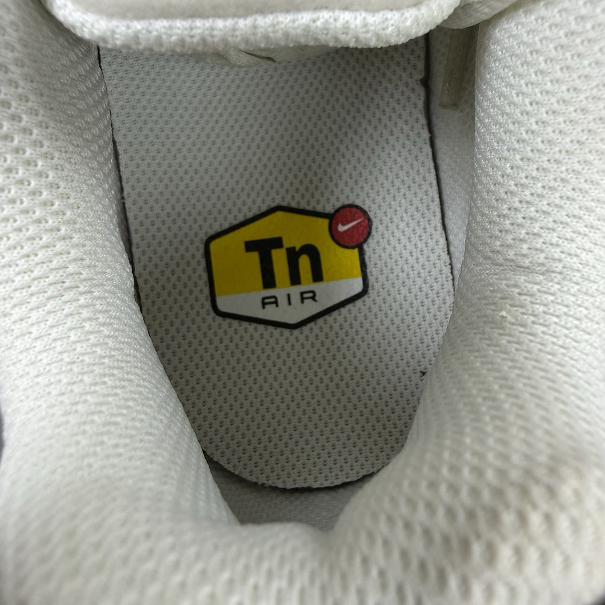 Nike Air Max Plus TN trainers white with black accents and signature logo details.