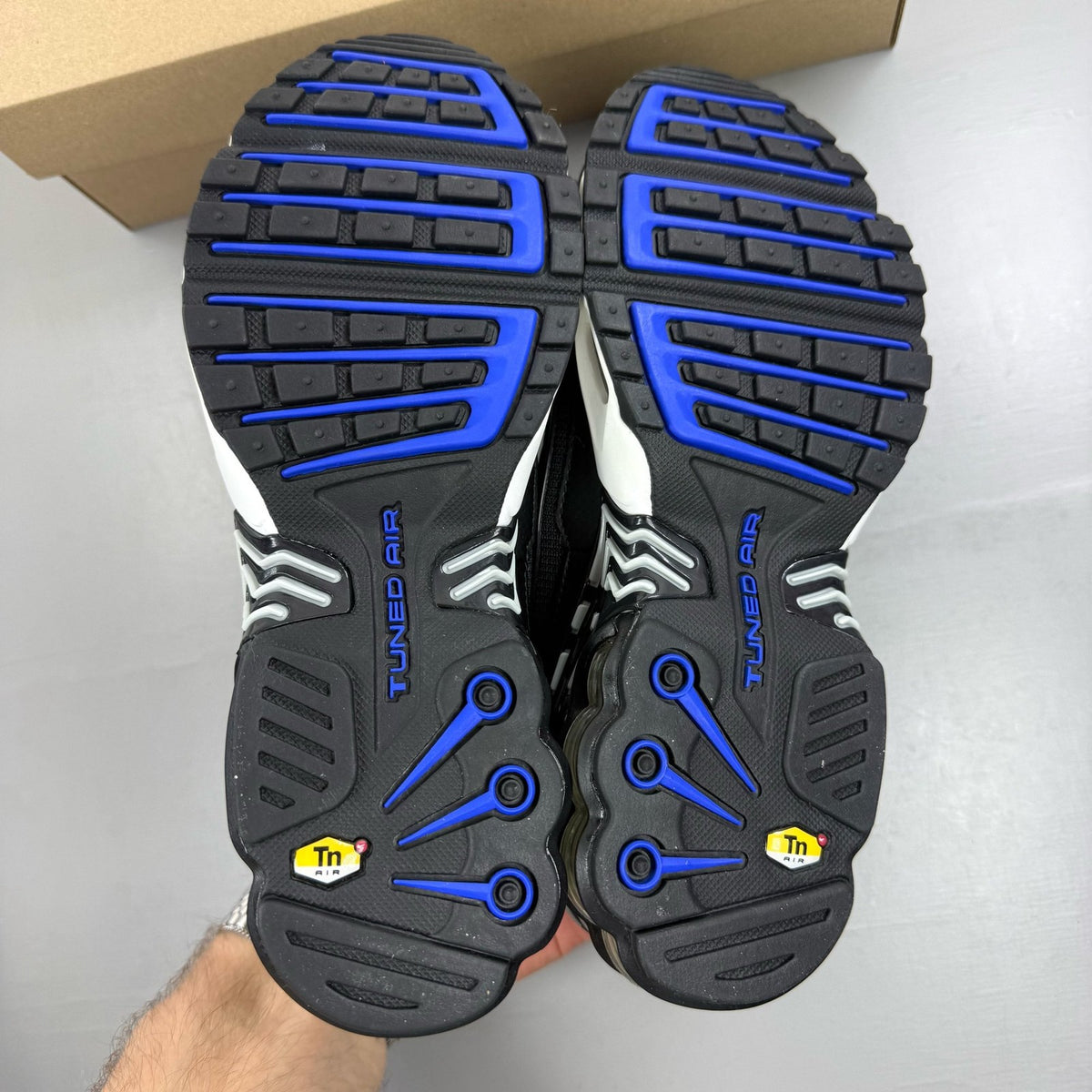 Nike black Air Max Plus TN 3 trainers with blue and silver accents, authentic design.