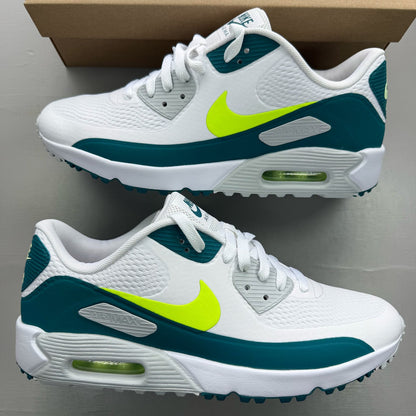 Nike Air Max 90 white golf shoes with bright spruce and volt accents, authentic design.