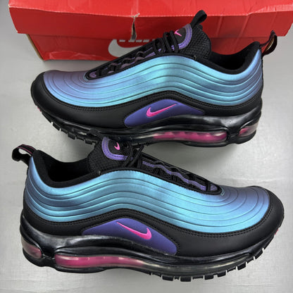 Nike black Air Max 97 trainers with blue accents and reflective detailing.