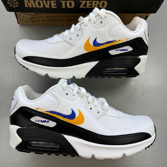 Nike Air Max 90 white athletic shoes featuring double swoosh logo and sleek design.