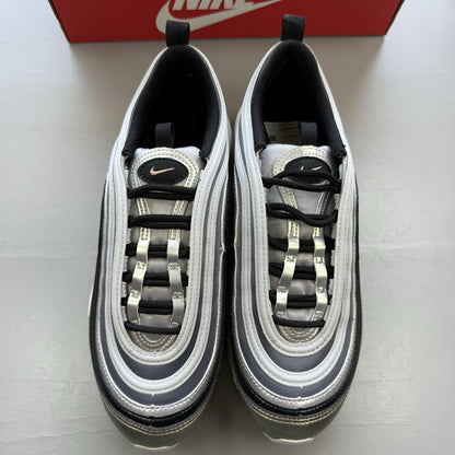 Nike Air Max 97 SE metallic silver trainers with bronze accents and white sole.