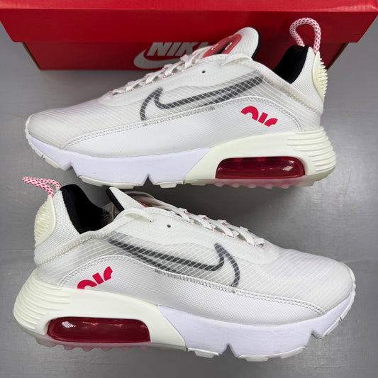 Nike running shoes white with red accents and logo, featuring a sleek design.