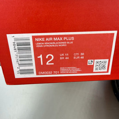 Nike Air Max Plus trainers yellow with Hyper Crimson accents and iconic TN logo.