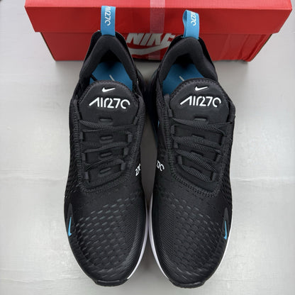 Nike Air Max 270 black trainers with light blue accents and white sole.