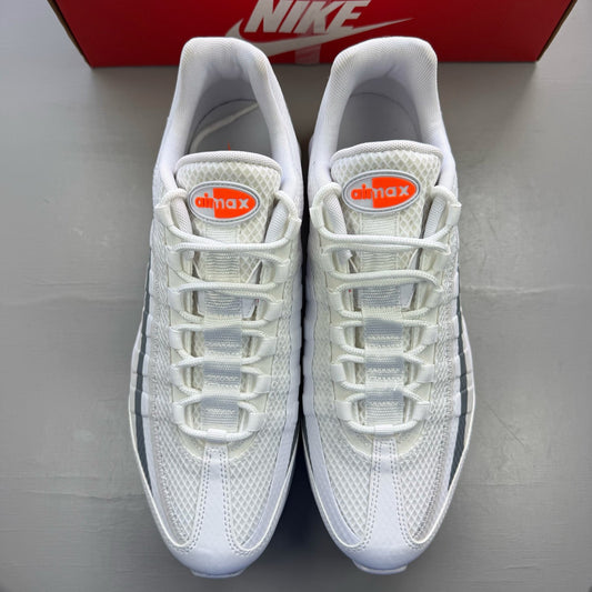 Nike Air Max 95 white trainers with grey accents and signature swoosh logo.