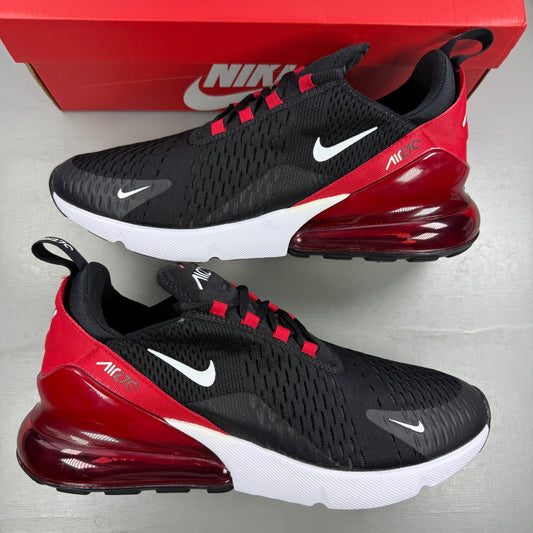 Nike running shoes black with university red accents and white sole, featuring Air Max cushioning.