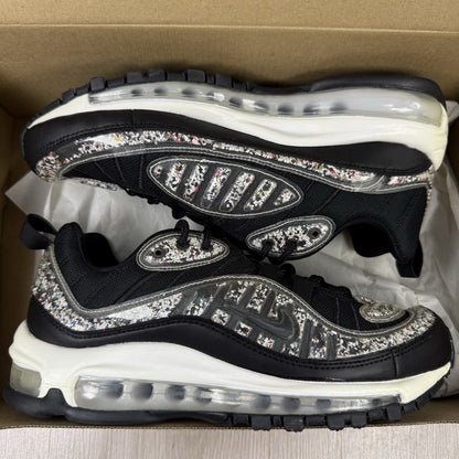 Nike Air Max 98 trainers black with white accents and signature logo detail.