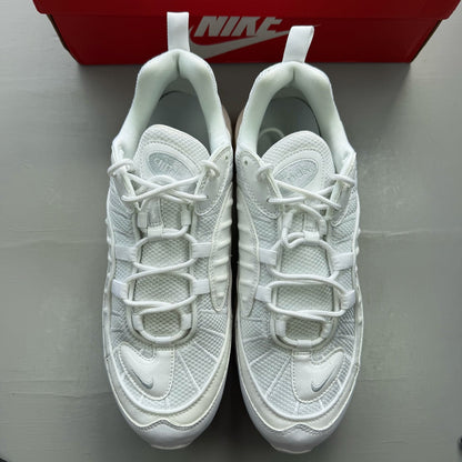 Nike Air Max 98 white trainers with platinum accents and signature swoosh logo.