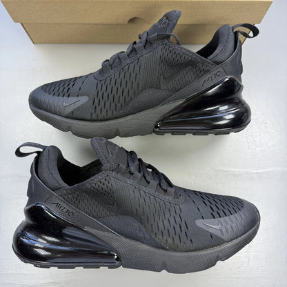 Nike Air Max 270 black trainers with logo detailing and breathable mesh upper.