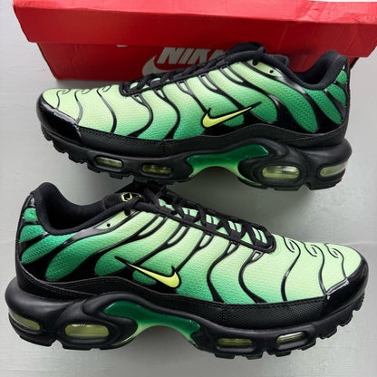 Nike Air Max Plus TN green trainers with lemon twist accents and signature logo.
