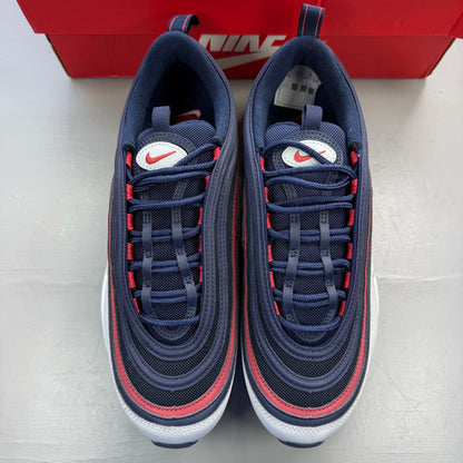 Nike Air Max 97 blue trainers with red accents and iconic logo detailing.