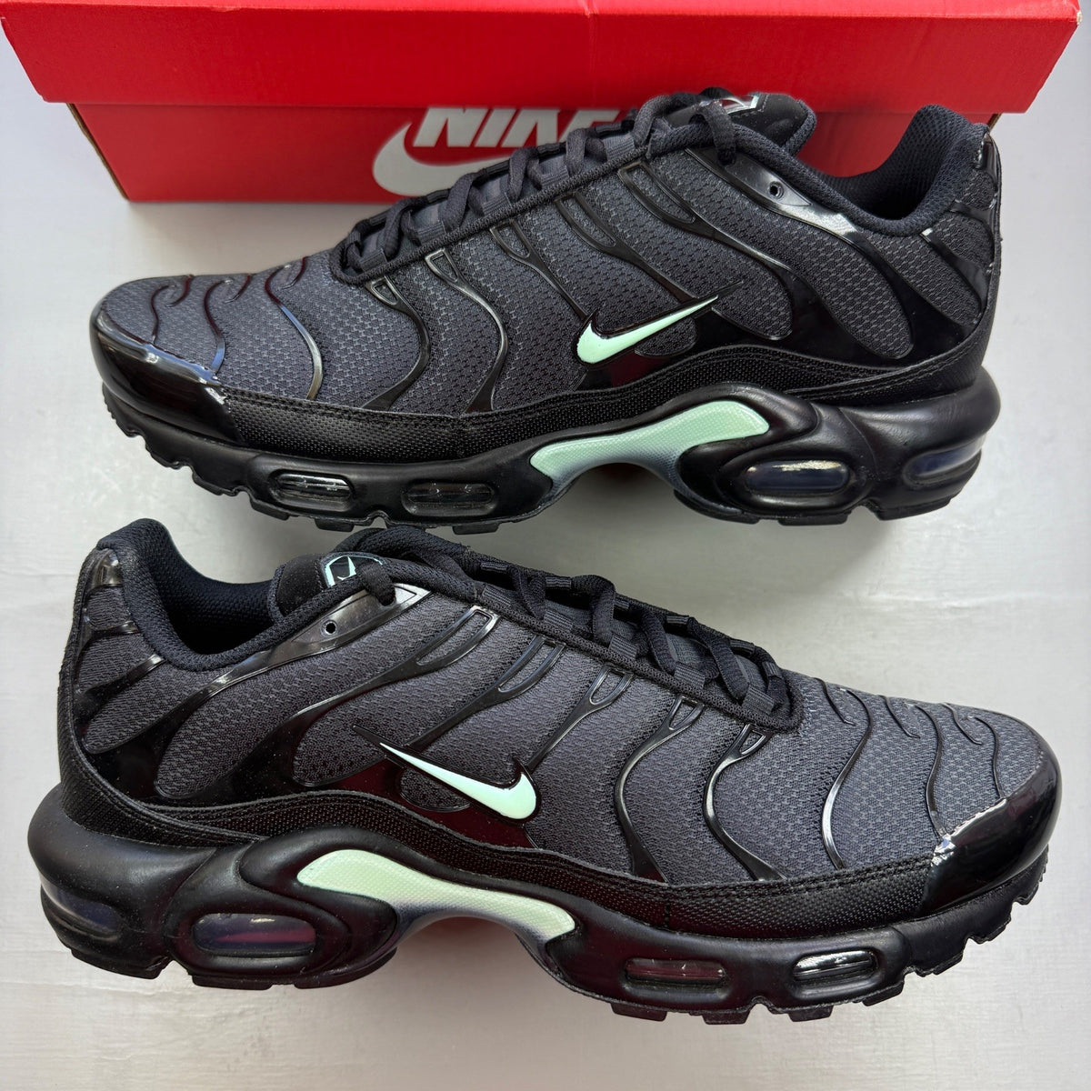 Nike Air Max Plus TN black trainers with mint green accents and signature logo.