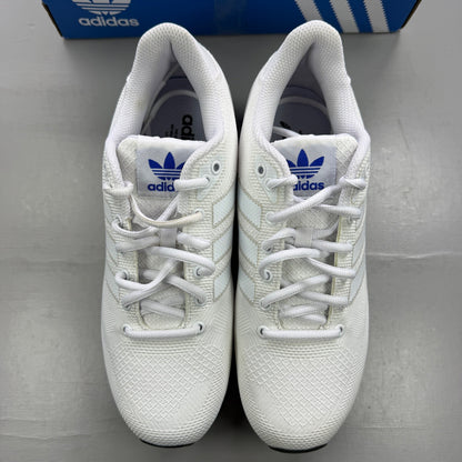 Adidas white trainers with blue accents and woven texture, featuring iconic logo.