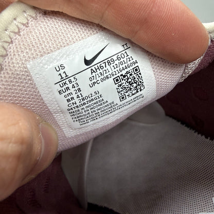 Nike Air Max 270 pink trainers with vintage wine accents and white sole.