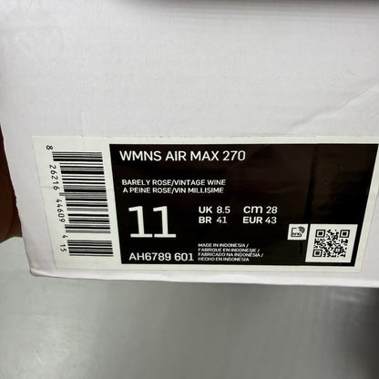Nike Air Max 270 pink trainers with vintage wine accents and white sole.