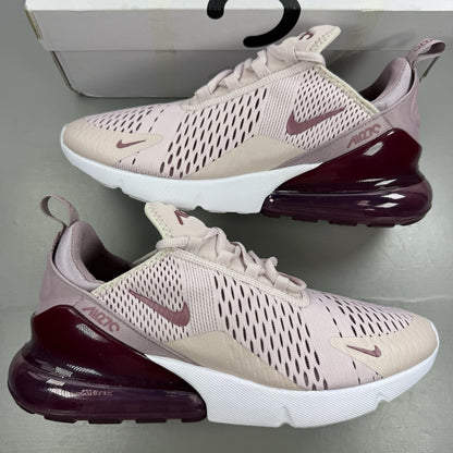 Nike Air Max 270 pink trainers with vintage wine accents and white sole.