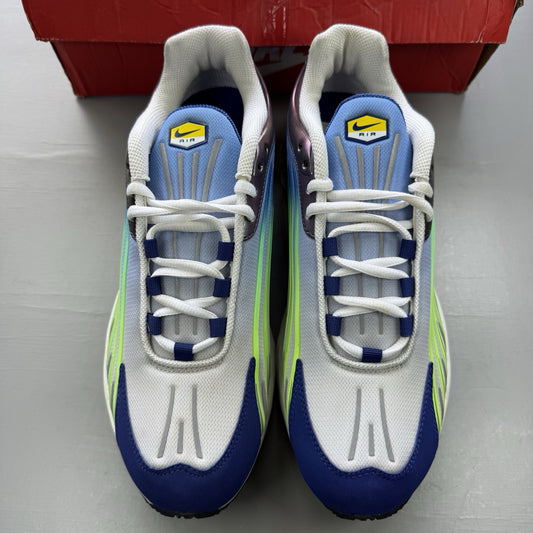 Nike Air Max Plus II white trainers with Valerian Blue and Ghost Green accents.