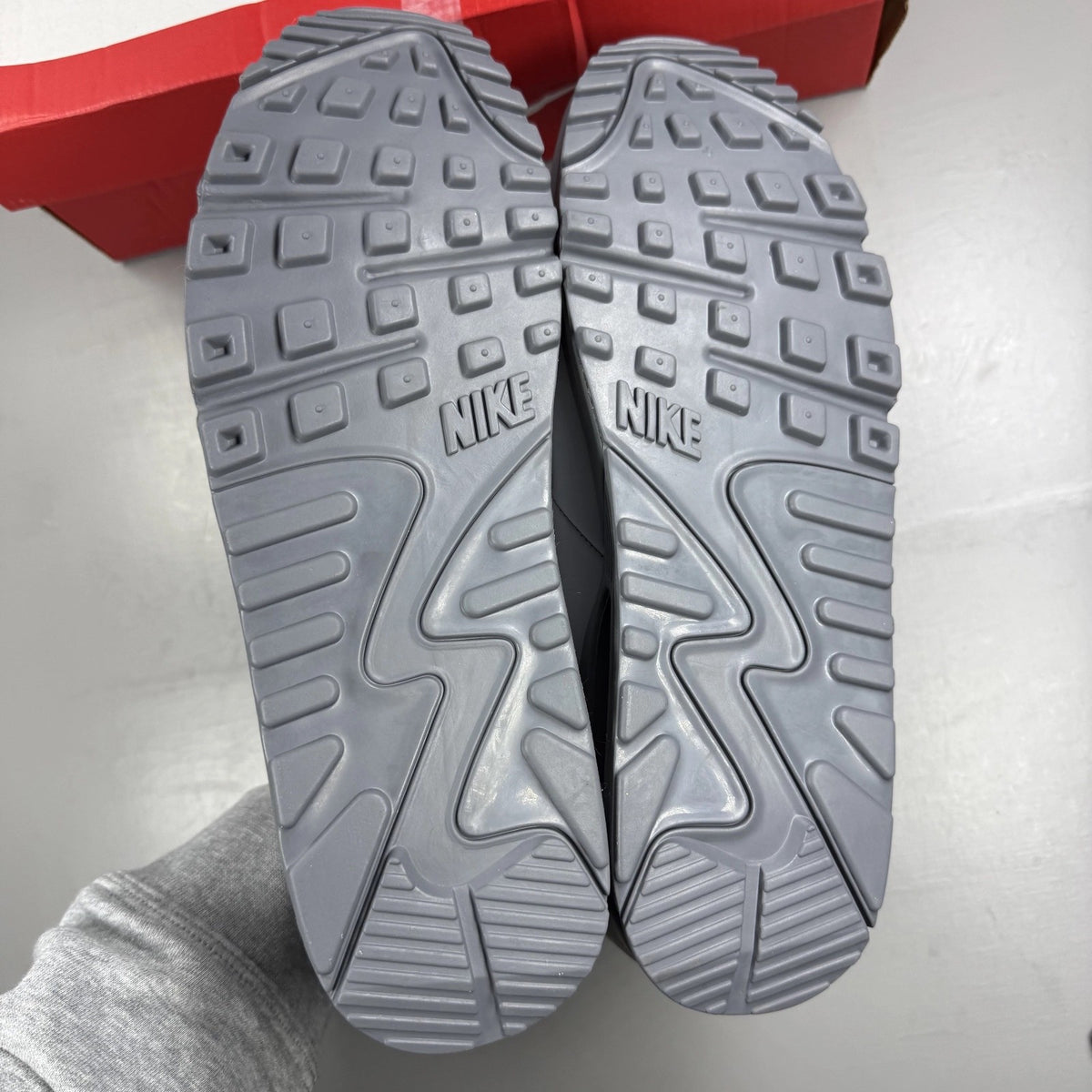 Nike Air Max 90 grey trainers with logo and mesh detailing, size UK 9.