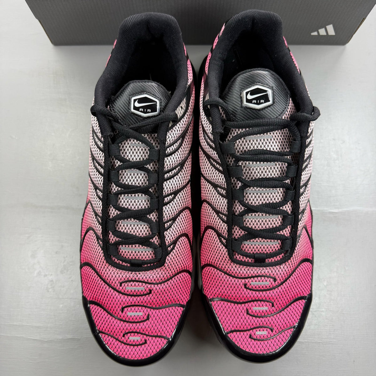 Nike Air Max Plus TN pink trainers with sunset gradient and signature swoosh logo.
