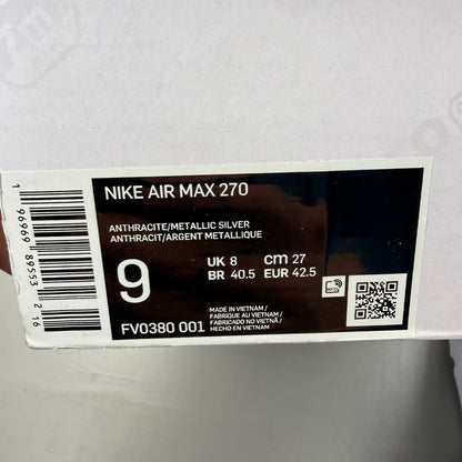 Nike Air Max 270 grey sneakers with anthracite and industrial blue accents.