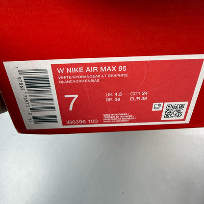 Nike Air Max 95 OG Big Bubble white trainers with hydrangea pattern and logo details.