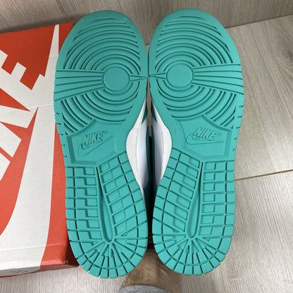 Nike Dunk Low trainers white with clear jade accents and signature swoosh logo.