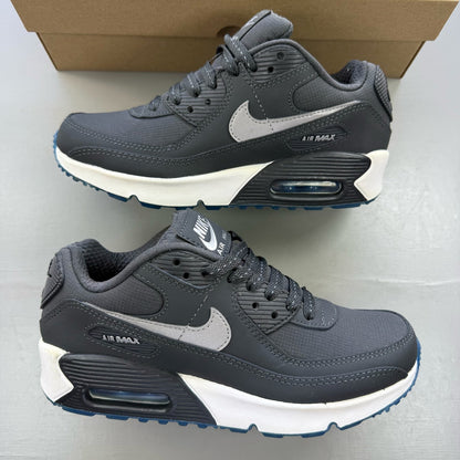 Nike Air Max 90 grey trainers with blue accents and logo detailing.