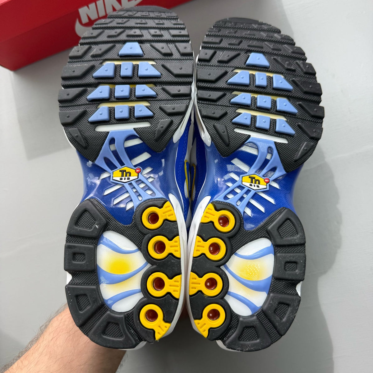 Nike Air Max Plus TN blue trainers with white accents and signature logo details.