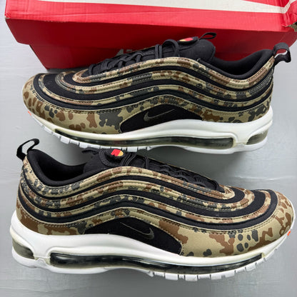 Nike black Air Max 97 trainers with country camo pattern and logo details.