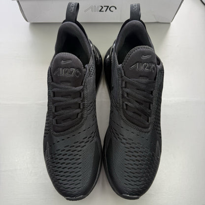 Nike Air Max 270 trainers black with logo detail and sleek design.