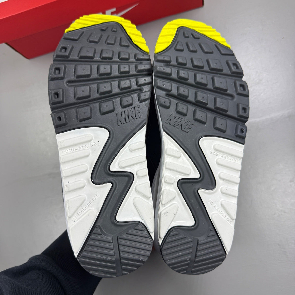 Nike deck shoes grey with sonic yellow accents and white sole.