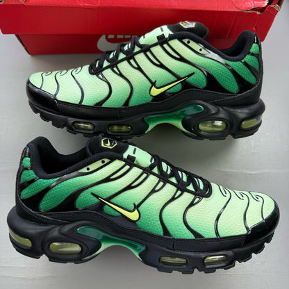 Nike Air Max Plus TN green trainers with lemon twist accents and distinctive logo.