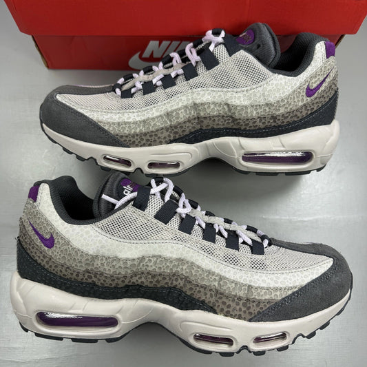 Nike Air Max 95 grey trainers with vibrant Viotech accents and safari pattern details.