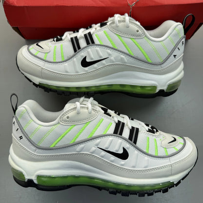 Nike Air Max 98 white trainers with electric green accents and mesh material.