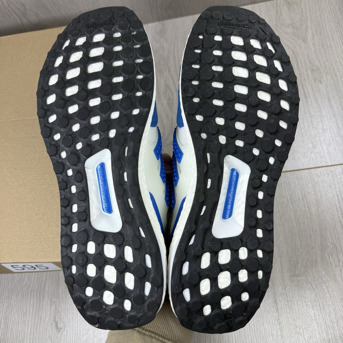 Adidas grey Ultra Boost trainers with blue accents and distinctive LEGO branding.