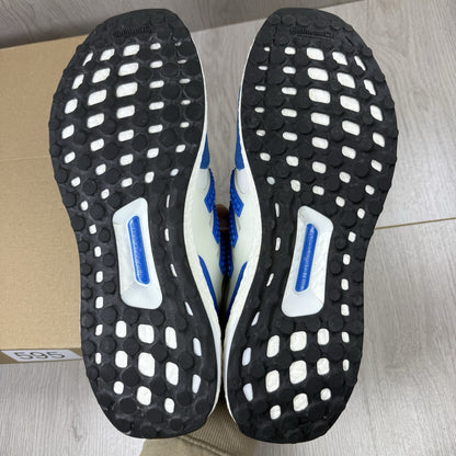Adidas grey Ultra Boost trainers with blue accents and distinctive LEGO branding.