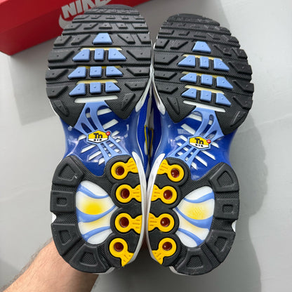 Nike Air Max Plus TN blue trainers with white accents and signature logo details.