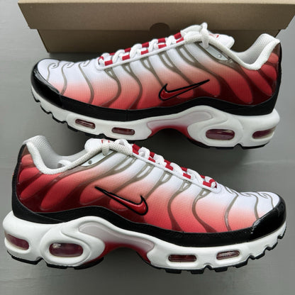 Nike Air Max Plus TN white trainers with black and university red accents, mesh material.