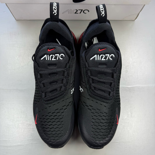 Nike Air Max 270 black trainers with university red accents and white sole.