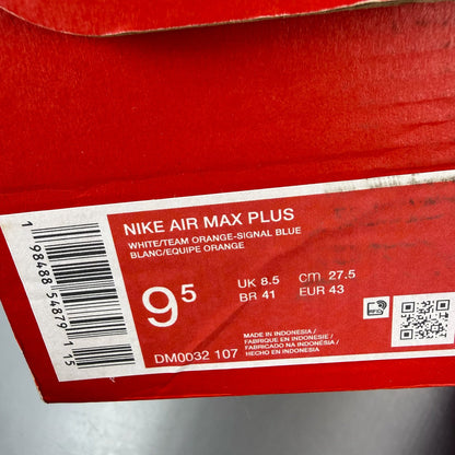 Nike Air Max Plus TN white trainers with blue accents and signature logo details.