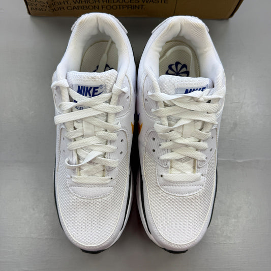 Nike Air Max 90 white athletic shoes featuring double swoosh logo and sleek design.