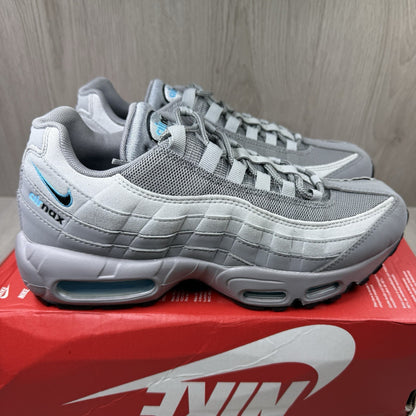 Nike Air Max 95 trainers grey with aqua blue accents and retro logo details.