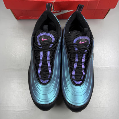 Nike black Air Max 97 trainers with blue accents and reflective detailing.