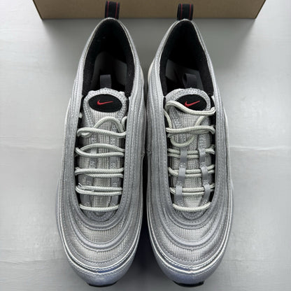 Nike Air Max 97 silver trainers with metallic finish and signature swoosh logo.