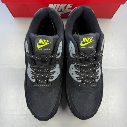 Nike Air Max 90 black with volt accents and mini swoosh logo, brand new condition.