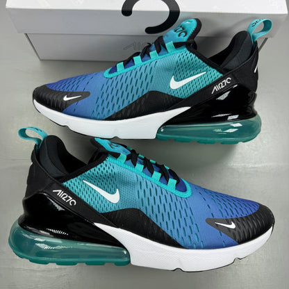 Nike Air Max 270 blue trainers with white accents and logo detailing.