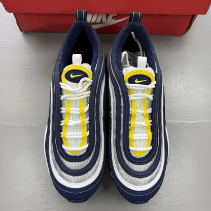 Nike Air Max 97 dark blue trainers with opti yellow and white accents, logo detail.